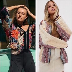 Free People Reversible Pandora Bomber Jacket Size M Colorful Patchwork Silky Fun